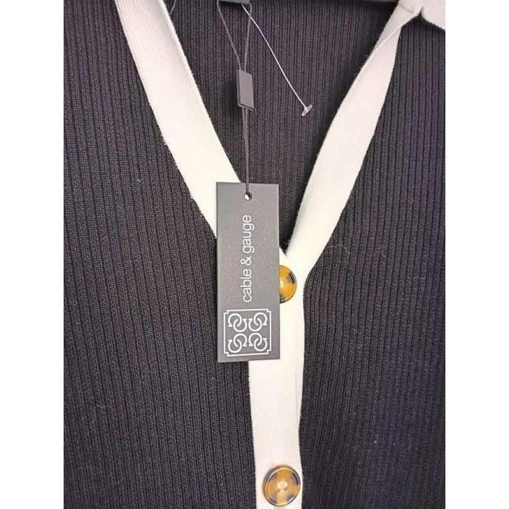 NWT Cable & Gauge Classic Black White Trim Collared Knit Cardigan Button Front M - Picture 2 of 8